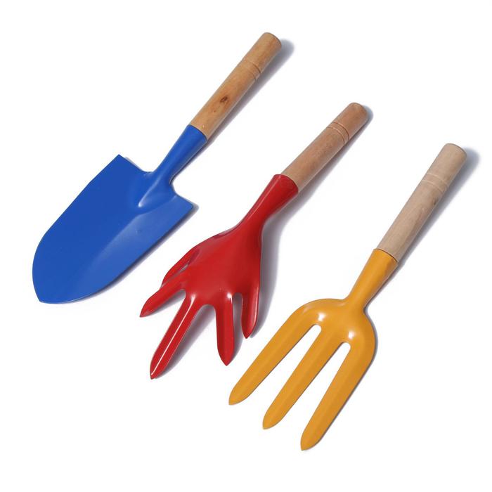 Набор садового инструмента, 3 предмета: совок, рыхлитель, вилка, длина 28 см, деревянные ручки, Greengo - Фото 1