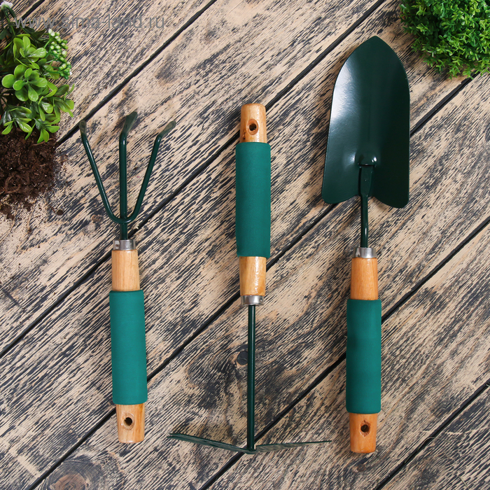 Набор садового инструмента, 3 предмета: совок, мотыжка, рыхлитель, длина 36 см, деревянные ручки с поролоном - Фото 1