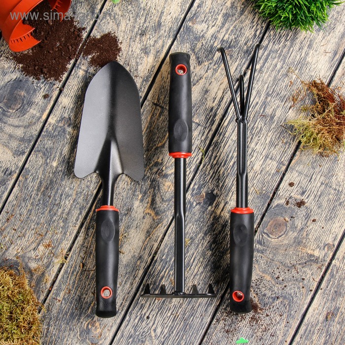 Набор садового инструмента, 3 предмета: совок, рыхлитель, грабли, длина 35 см, пластиковые ручки - Фото 1