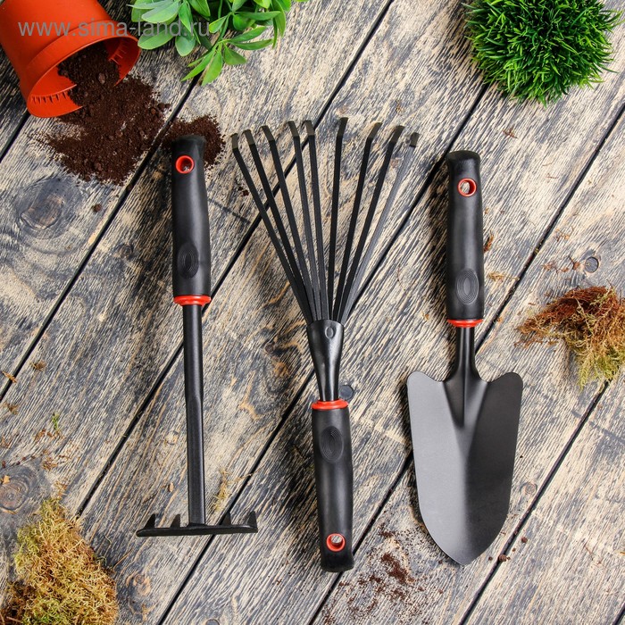 Набор садового инструмента, 3 предмета: грабли веерные, совок, грабли, длина 35 см, пластиковые ручки - Фото 1
