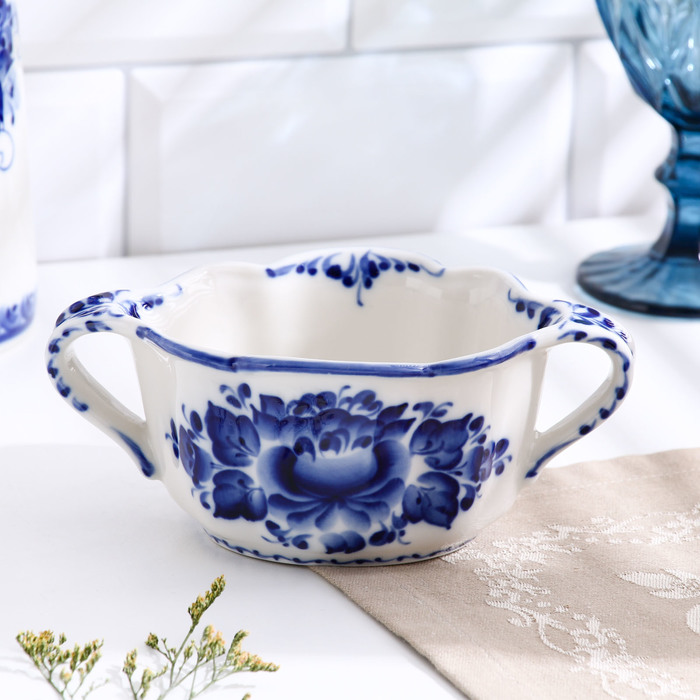 Бульонница с ручками «Ивушка», H=7 см, 0.35 л, фарфор, гжель - Фото 1
