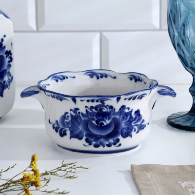 Бульонница с ручками «Рябинушка» H=7 см, 0.45 л, фарфор, гжель