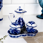 Набор для специй на подставке с молочником (питчером) «Весенний», 4 предмета, фарфор, гжель - Фото 1