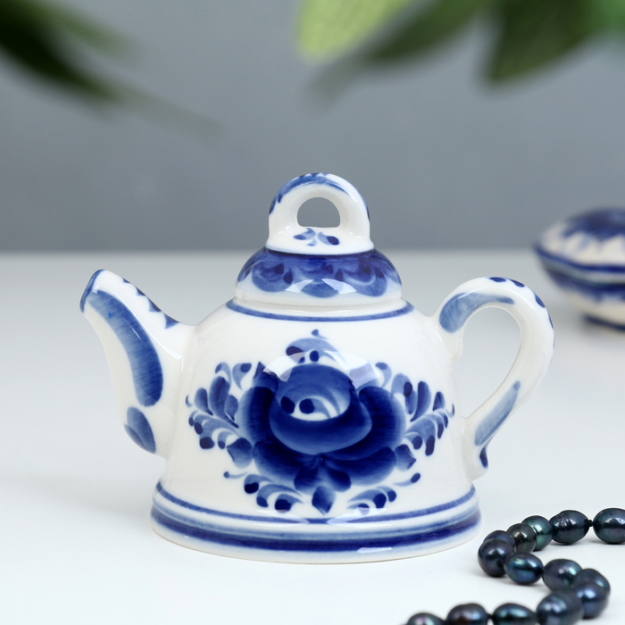 Колокольчик фарфоровый «Чайник», h=9.5 см, гжель - Фото 1