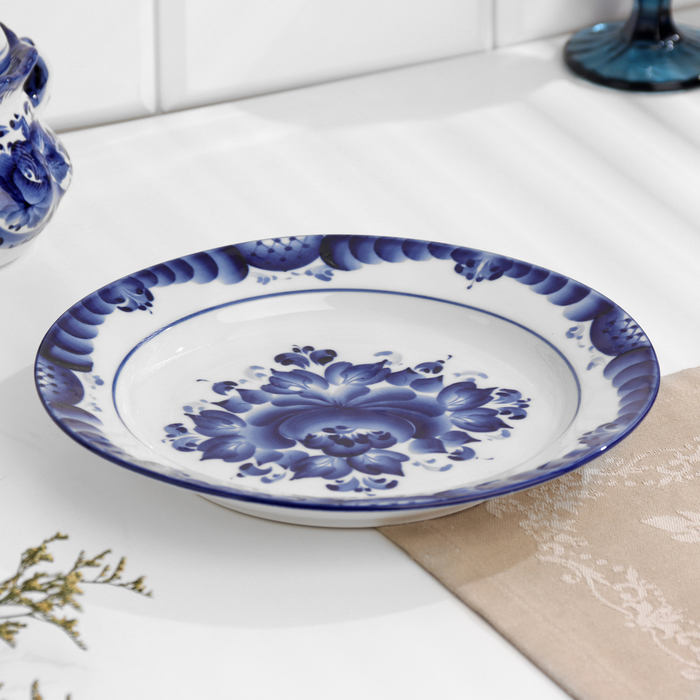 Тарелка плоская «Цветы», d=24 см, H=2 см, гжель, фарфор - Фото 1
