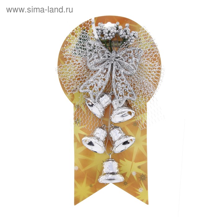 Украшение новогоднее "Колокольчики на резном бантике" 20х13 см, серебро - Фото 1