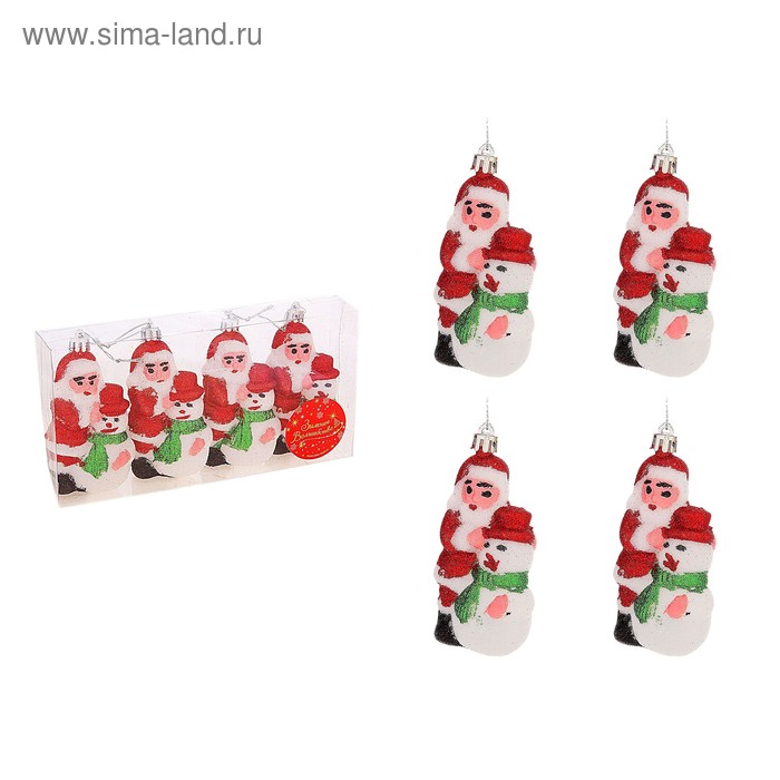 Украшение ёлочное "Дед Мороз и Снеговик" (набор 4 шт) 10 см - Фото 1