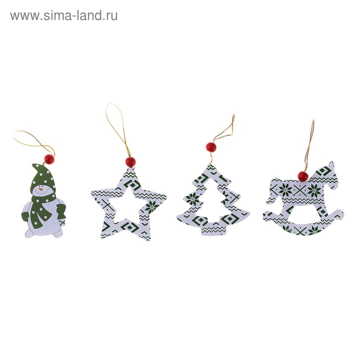 сувенир подвеска новогодняя (набор 4 шт) "Роспись" зелёные со снеговиком - Фото 1