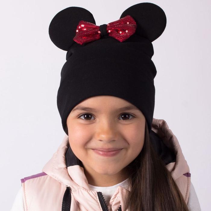 Двухслойная шапка «Мышка», цвет чёрный/красный бант, размер 50-54 - Фото 1