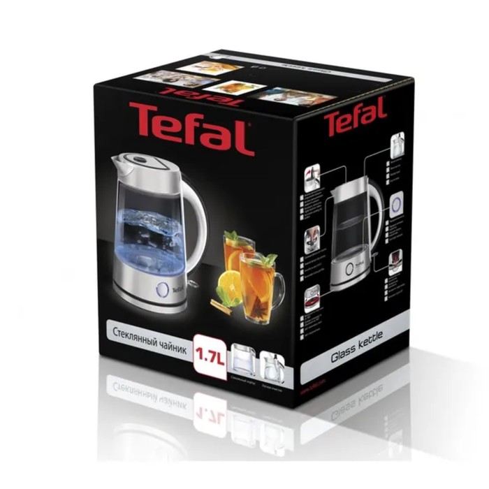 Чайник электрический Tefal KI760D30, стекло, 1.7 л, 2400 Вт, серебристый - фото 51666278