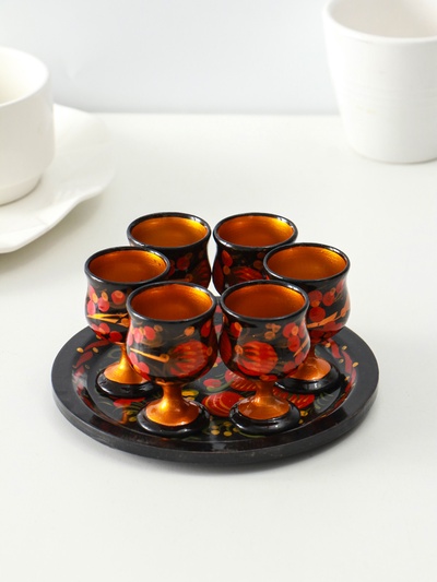 Подарочный набор: 6 шт. 30 мл рюмок на подносе, дерево хохлома