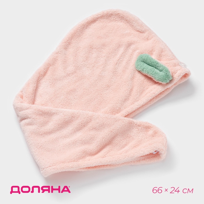 Чалма для сушки волос Доляна «Ушки», микрофибра, с пуговкой, розовая - Фото 1