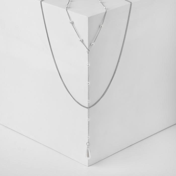 Колье с жемчугом «Цепь» мелкие бусины, цвет белый в серебре, 50см - Фото 1