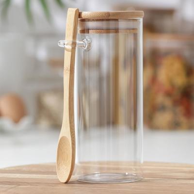 Банка стеклянная для сыпучих продуктов с бамбуковой крышкой и ложкой «Эко», 420 мл, 8,3×6,7×15,5 см