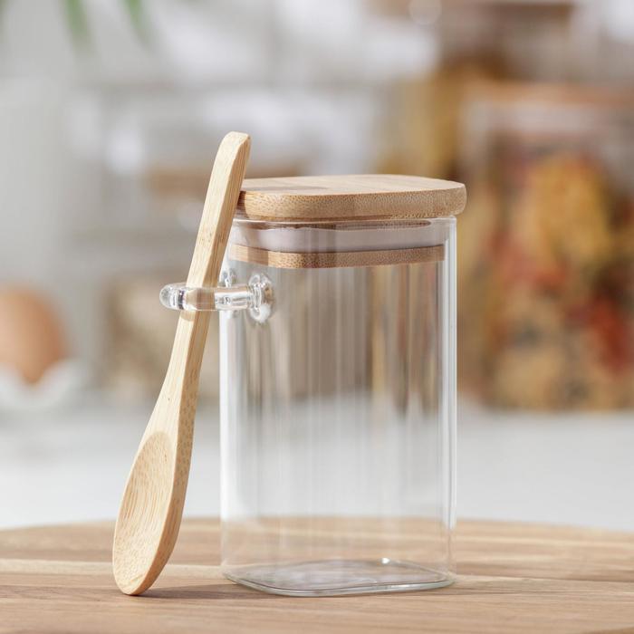 Банка стеклянная для сыпучих продуктов с бамбуковой крышкой и ложкой «Эко», 280 мл, 8×6×10,5 см - Фото 1