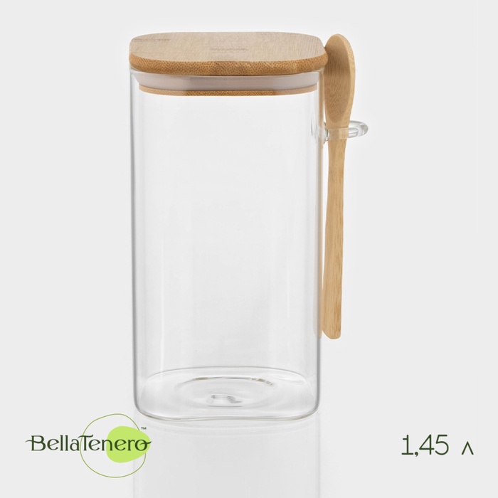 Банка для хранения сыпучих продуктов «Эко», 1.45 л, 10×19 см, с ложкой, с бамбуковой крышкой, стекло, прозрачная - Фото 1