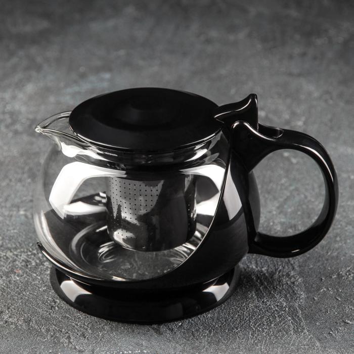 Чайник стеклянный заварочный «Бетти», 800 мл, с металлическим ситом, цвет чёрный - Фото 1