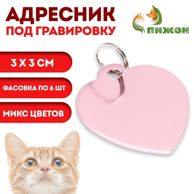 Адресник под гравировку «Сердечко» 3×3 см, фасовка 6 шт., микс