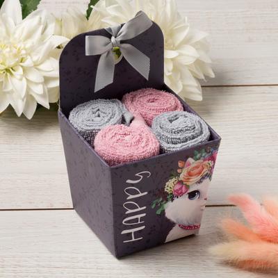 Салфетки махровые декоративные «Этель» Happy, 4 шт., 30×30 см, хлопок 100%, серые/розовые