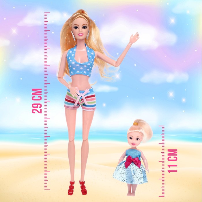 Кукла-модель шарнирная «Рита» с малышкой на пляже, с аксессуарами, МИКС 48924