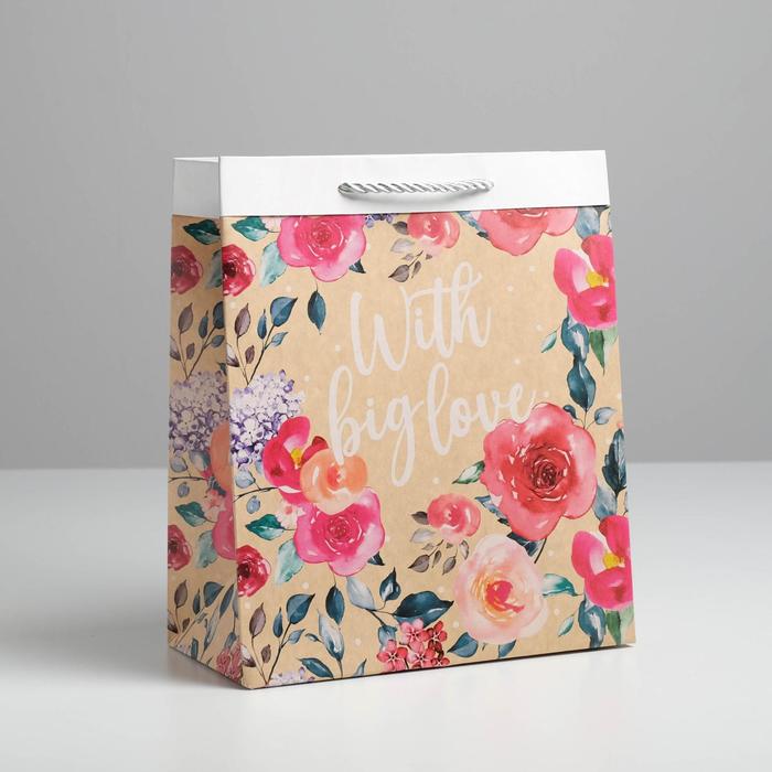 Пакет подарочный крафтовый, упаковка, With big love, 23×27×12 см