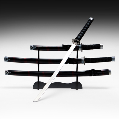 Макет оружия «Сувенирные катаны на подставке 3в1. Чёрный с дымкой», подарочный набор, ножны дерево, бордо глянец, 51 см; 77 см; 100 см