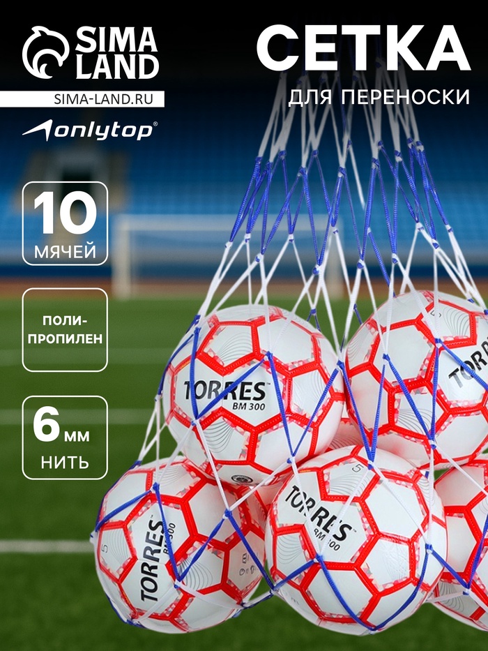 Сетка для переноски мячей ONLYTOP, на 10 мячей, нить 6 мм, 1.2 м, бело-синяя - Фото 1