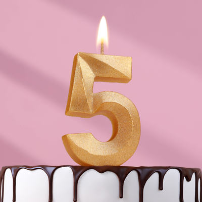 Свеча в торт "Грань", цифра "5", золотой металлик, 6,5 см