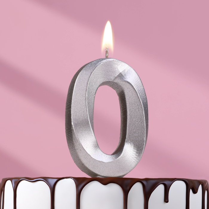 Свеча в торт "Грань", цифра "0", серебряный металлик, 6,5 см - Фото 1
