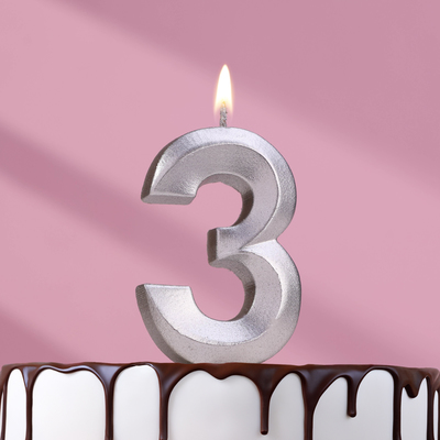Свеча в торт "Грань", цифра "3", серебряный металлик, 6,5 см
