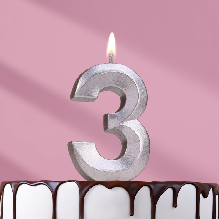 Свеча в торт "Грань", цифра "3", серебряный металлик, 6,5 см - Фото 1