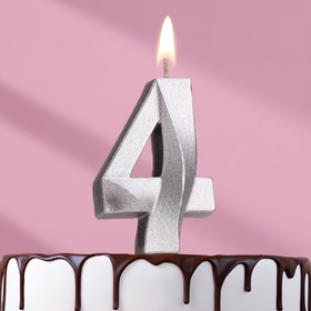 Свеча в торт "Грань", цифра "4", серебряный металлик, 6,5 см