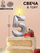 Свеча в торт «Цифра 5», серебряная, 6.5 см - Фото 1