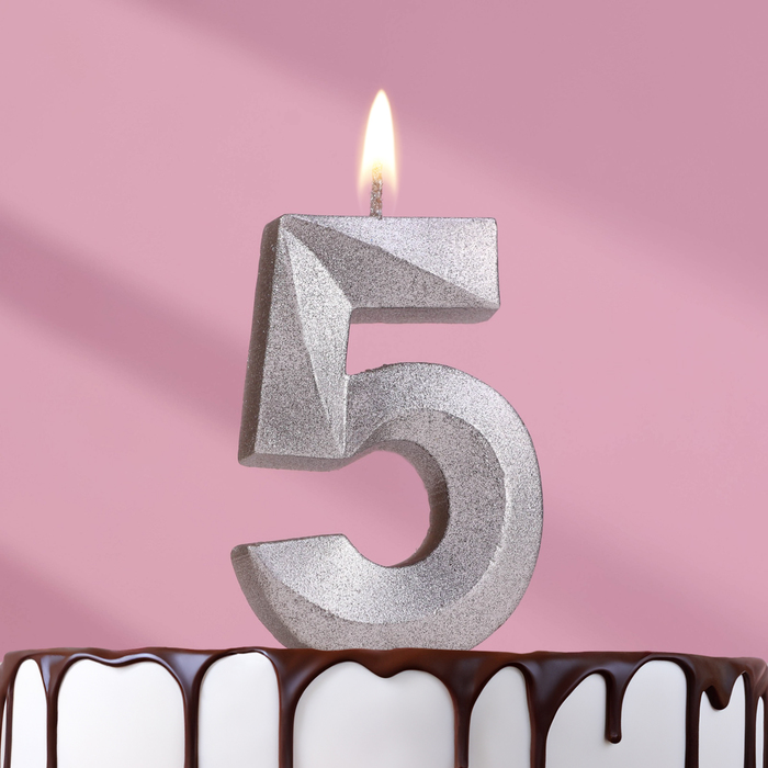 Свеча в торт "Грань", цифра "5", серебряный металлик, 6,5 см - Фото 1