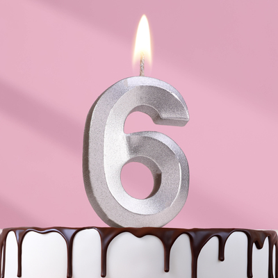 Свеча в торт "Грань", цифра "6", серебряный металлик, 6,5 см