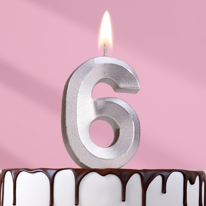 Свеча в торт "Грань", цифра "6", серебряный металлик, 6,5 см - Фото 1