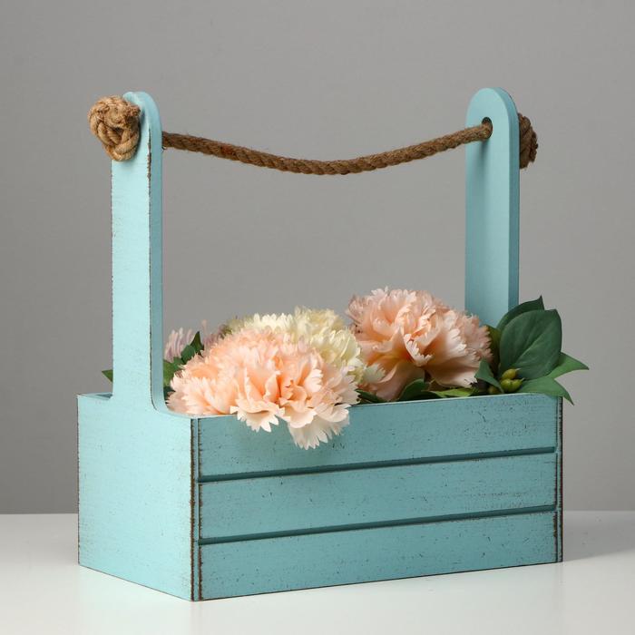 Кашпо деревянное 25.5×15×30 см "Прованс", ручка канат, серо-голубой - Фото 1