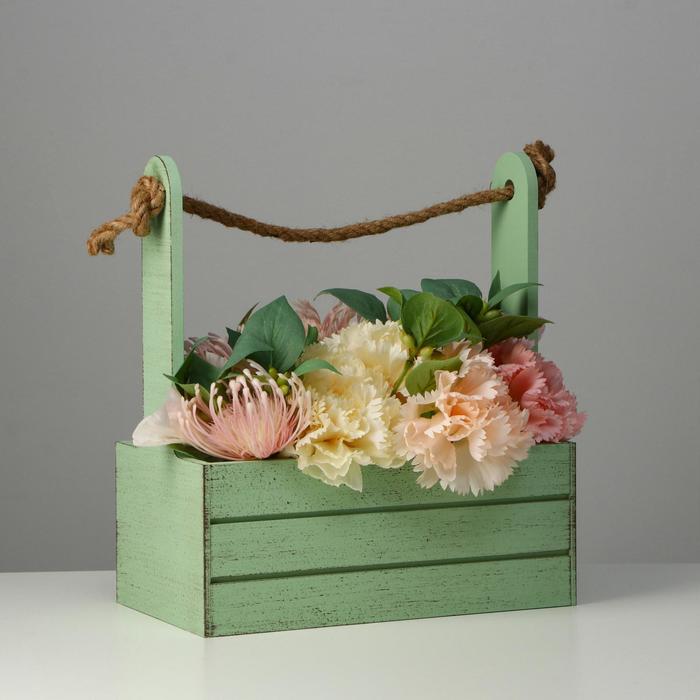 Кашпо деревянное 25.5×15×30 см "Прованс", ручка канат, зелёный - Фото 1