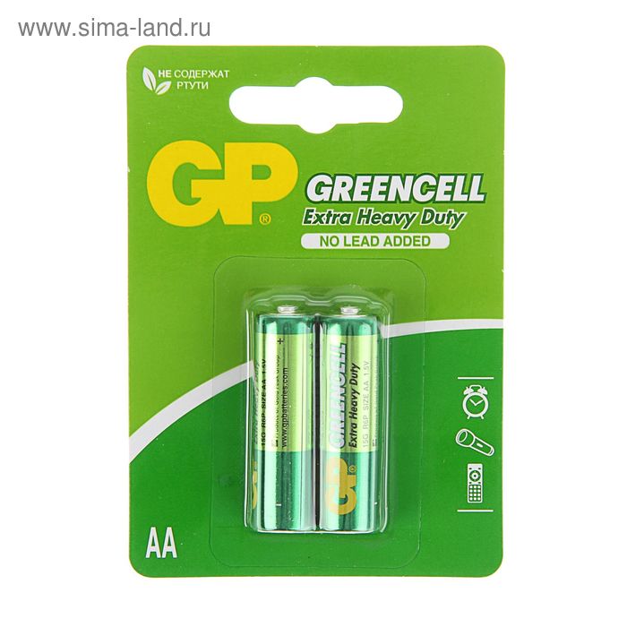 Батарейка солевая GP Greencell Extra Heavy Duty, AA, R6-2BL, 1.5В, блистер, 2 шт. - Фото 1