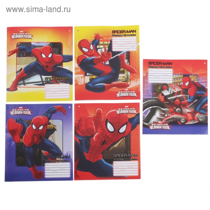 Тетрадь 12 листов линейка Marvel "Человек-паук", картонная обложка, 5 видов МИКС - Фото 1