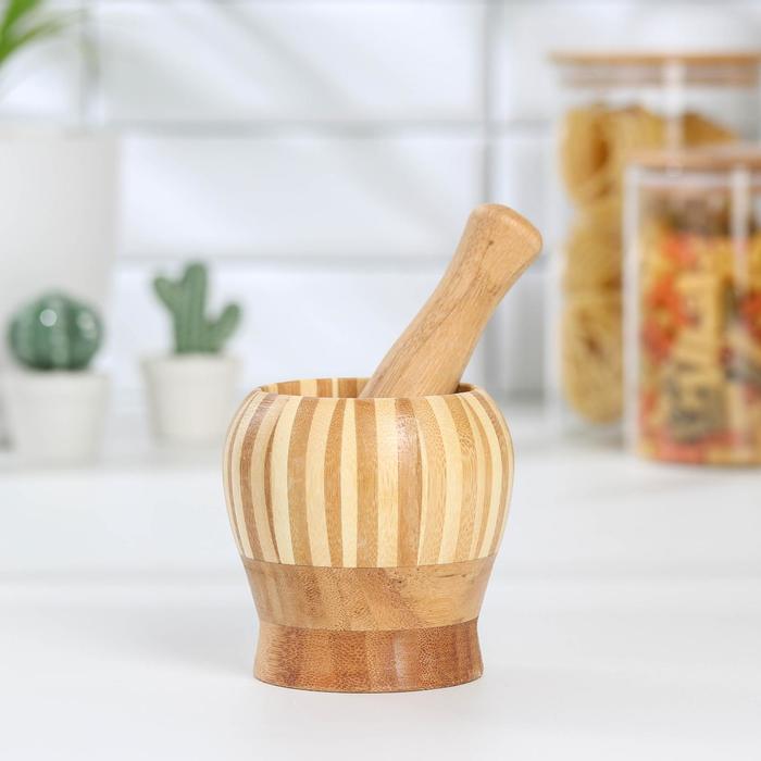 Ступка с пестиком Доляна «Полоски», бамбук, 10×11 см - Фото 1