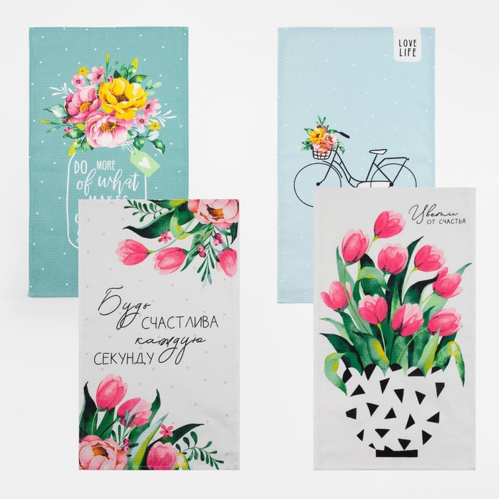 Набор кухонных полотенец Доляна «Цвети» 35×60 см-4 шт., 100% хл - Фото 1