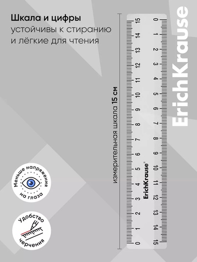 Линейка пластиковая ErichKrause. Clear, 15 см, двусторонняя шкала, прозрачная