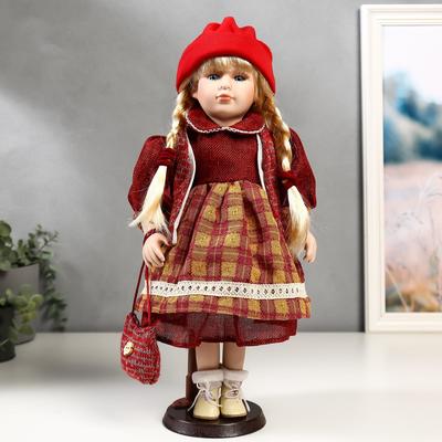 Кукла коллекционная «Марина в бордовом платье в клетку», 40 см