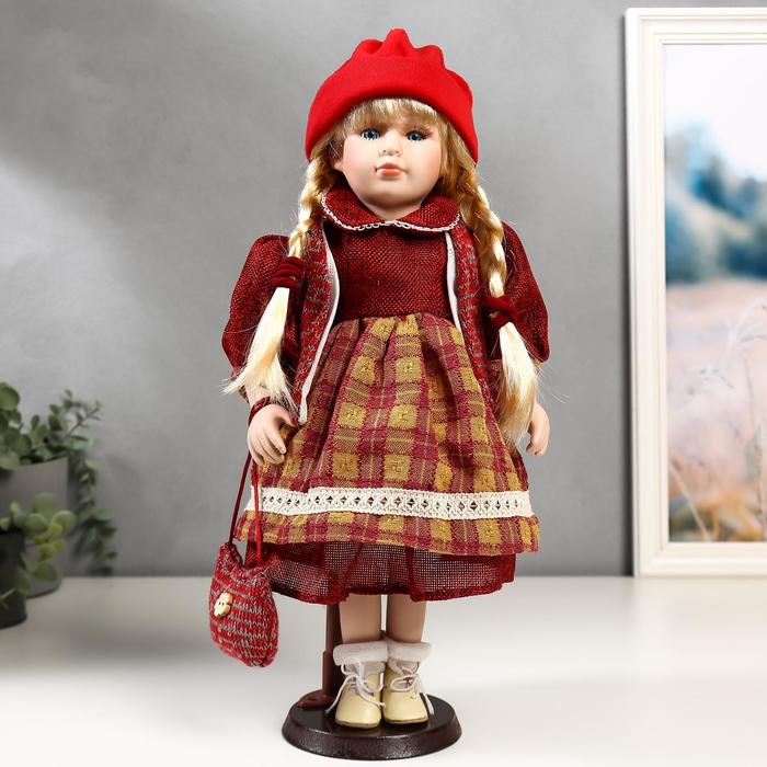 Кукла коллекционная «Марина в бордовом платье в клетку», 40 см - Фото 1