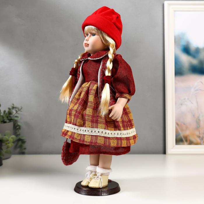 Кукла коллекционная керамика "Марина в бордовом платье в клетку" 40 см - фото 1876215192