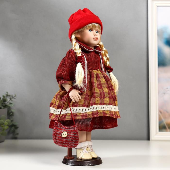 Кукла коллекционная керамика "Марина в бордовом платье в клетку" 40 см - фото 1876215193