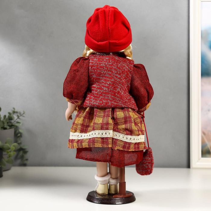 Кукла коллекционная керамика "Марина в бордовом платье в клетку" 40 см - фото 1876215194