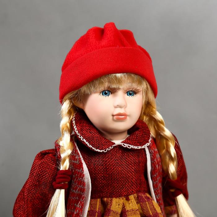 Кукла коллекционная керамика "Марина в бордовом платье в клетку" 40 см - фото 1876215195