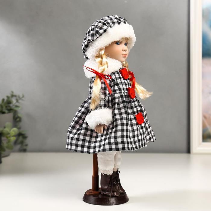 Кукла коллекционная керамика "Злата в пальто в клеточку с красными пуговицами" 30 см - фото 1910124836